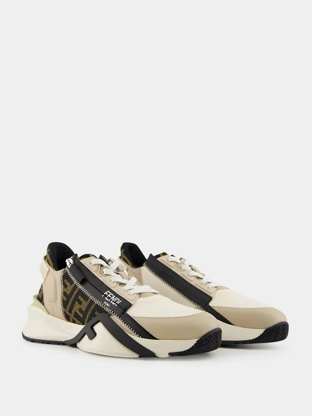 Flow Sneakers in Beige and Brown FF Jacquard