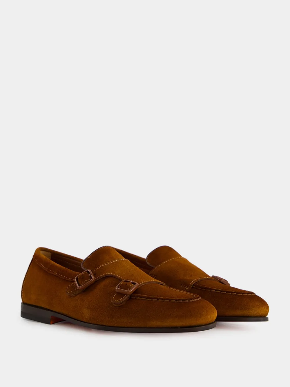 Light Brown Suede Double Buckle Loafers